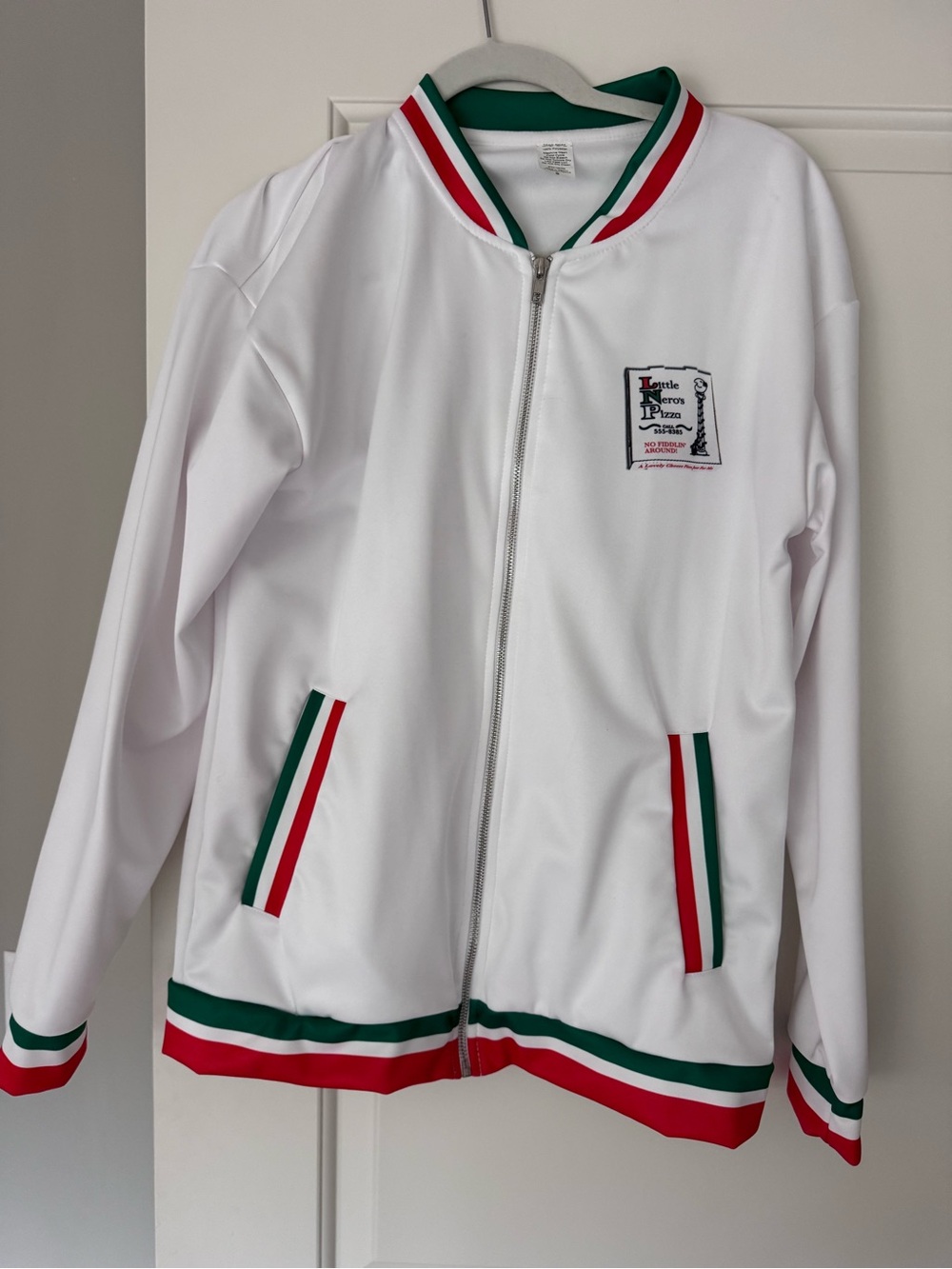 Little Nero’s Pizza (Home Alone movie) White Track Jacket with Red & Green Trim